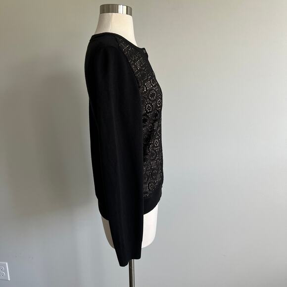 Banana Republic Lace Overlay Cardigan Sweater Black Nude Poly Wool Blend Medium - Picture 4 of 8